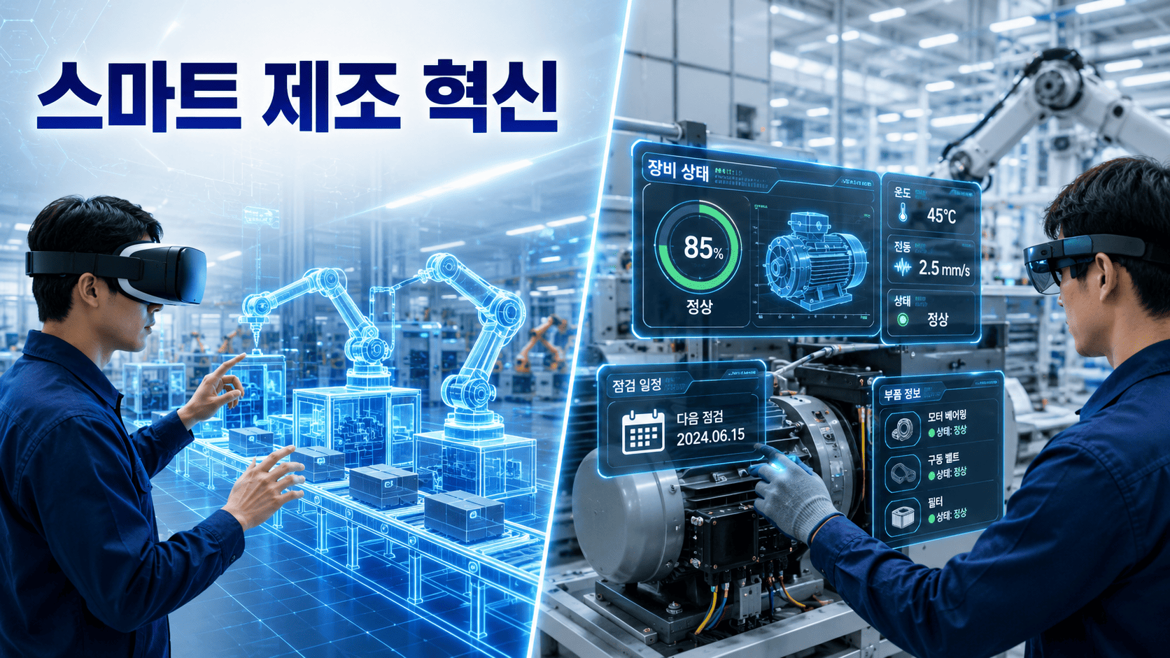 가상현실과 증강현실 기술이 적용된 스마트 공장에서 작업자와 디지털 정보가 함께 표현된 미래형 제조 현장 이미지