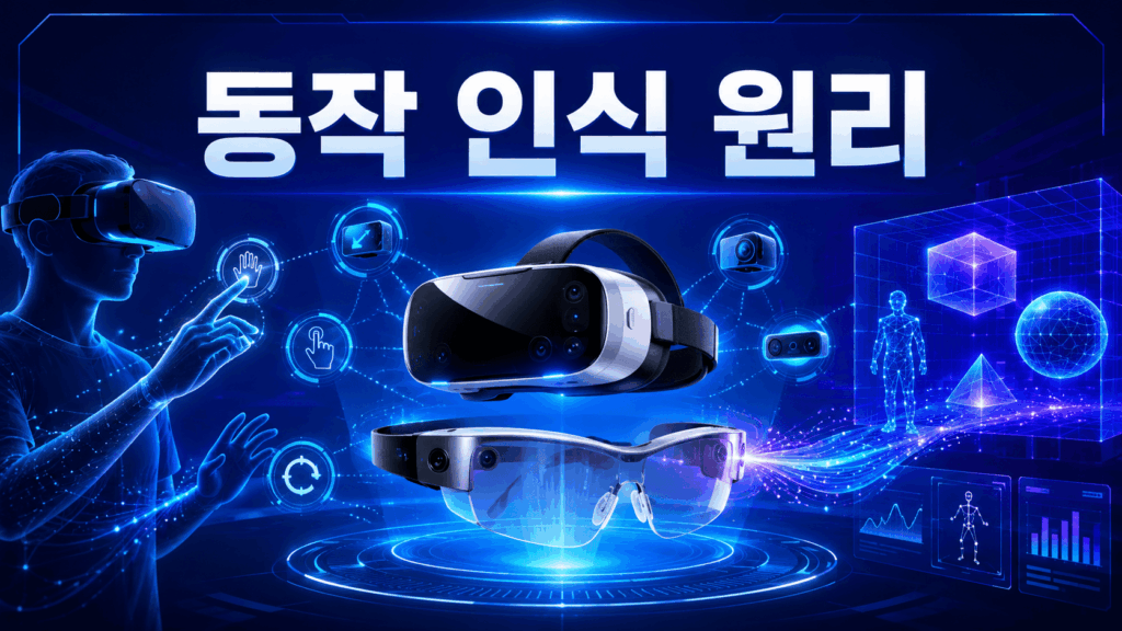 VR 헤드셋과 AR 스마트 글라스 주변에서 센서가 사용자의 움직임을 추적하는 모습을 표현한 미래형 동작 인식 기술 이미지.