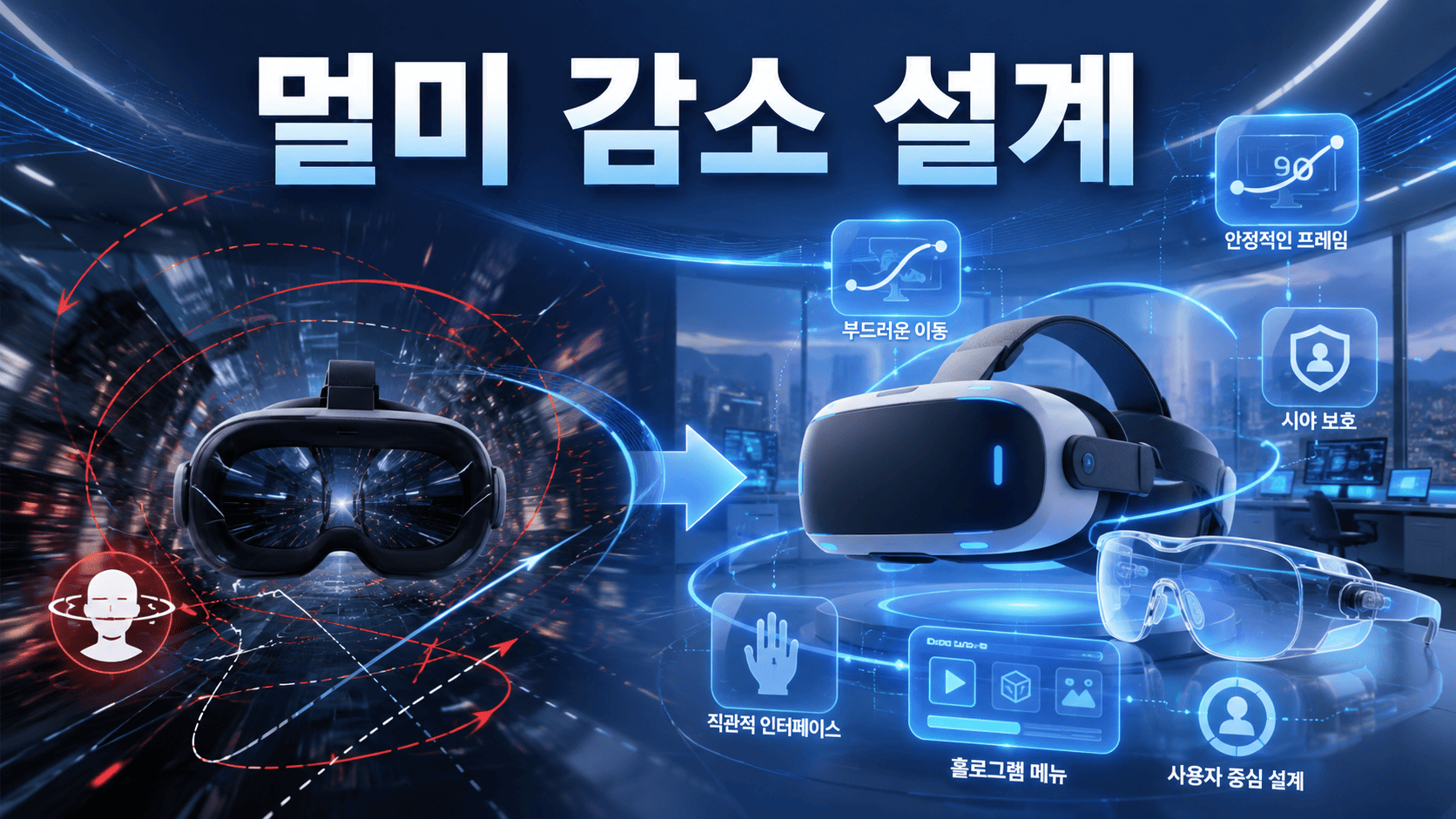 VR과 AR 콘텐츠에서 멀미를 줄이는 구성 방식을 비교하여 보여주는 미래형 XR 기술 이미지.