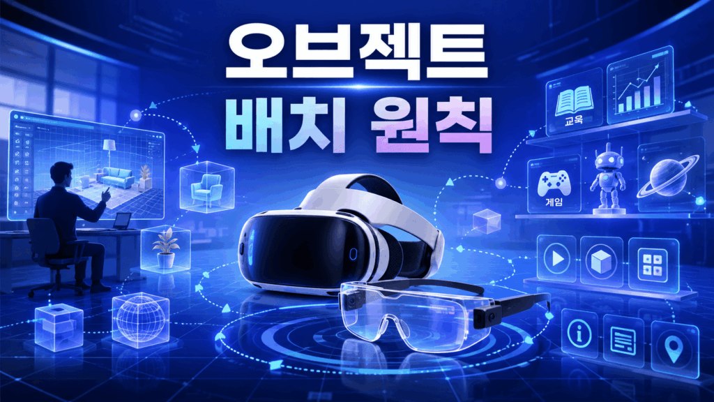VR 헤드셋과 AR 스마트 글라스를 중심으로 다양한 홀로그램 오브젝트가 질서 있게 배치된 미래형 XR 콘텐츠 제작 장면.