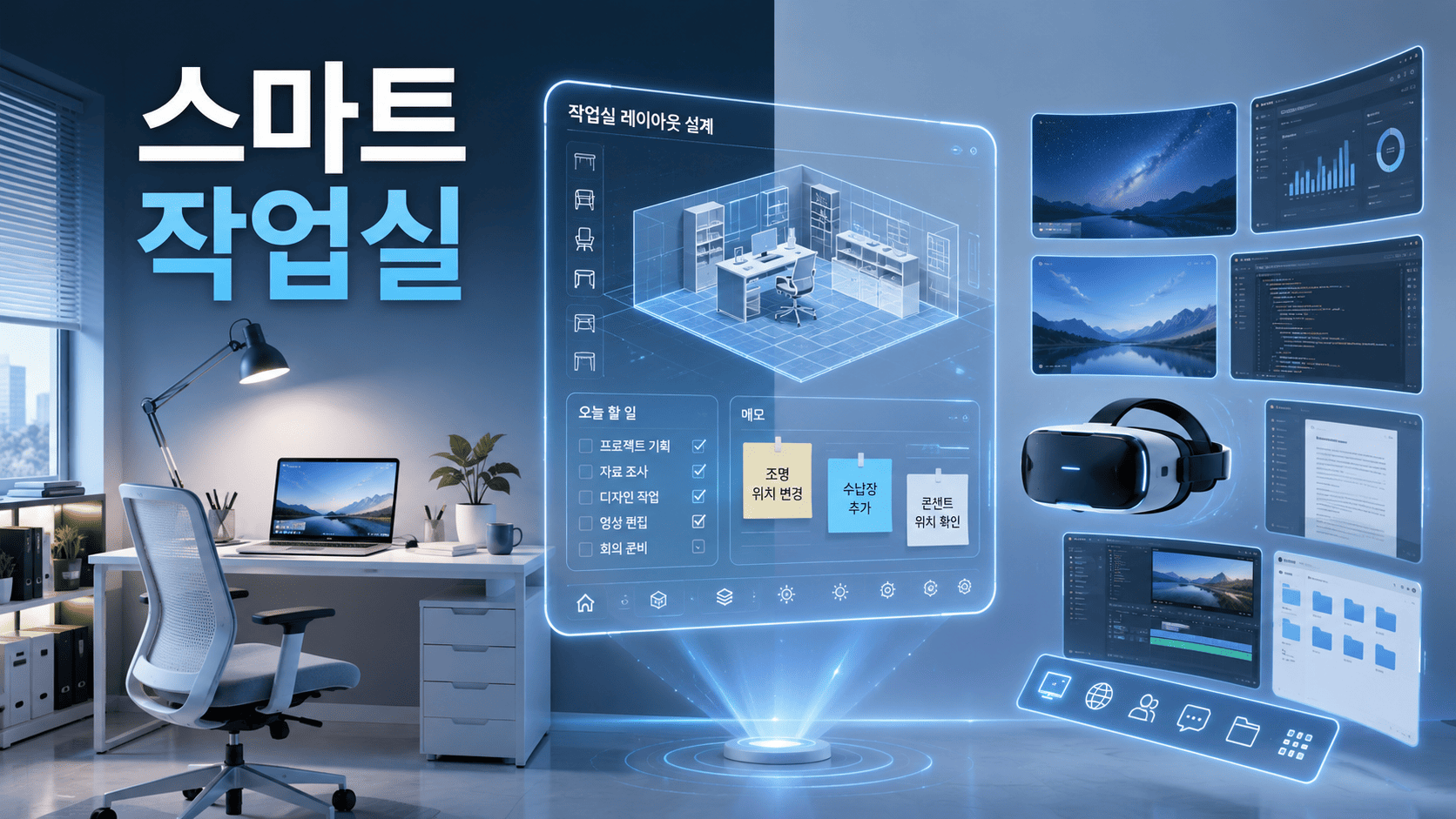 가상현실과 증강현실 기술이 적용된 미래형 개인 작업실에서 가상 모니터와 디지털 인터페이스가 표시된 모습