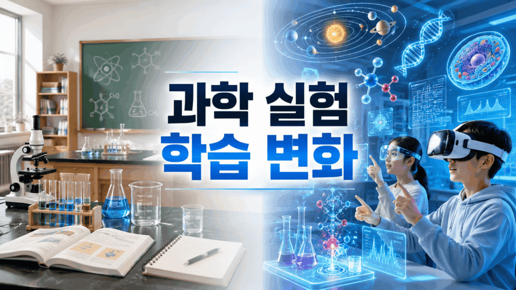 기존 과학 실험 환경과 가상현실·증강현실 기반의 미래형 과학 학습 환경을 비교해 표현한 이미지.