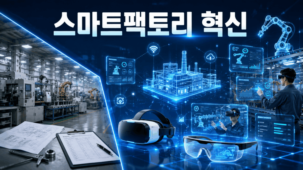 스마트팩토리 환경에서 가상현실과 증강현실 기술이 생산 공정과 장비 관리에 활용되는 모습을 표현한 미래 산업 이미지.