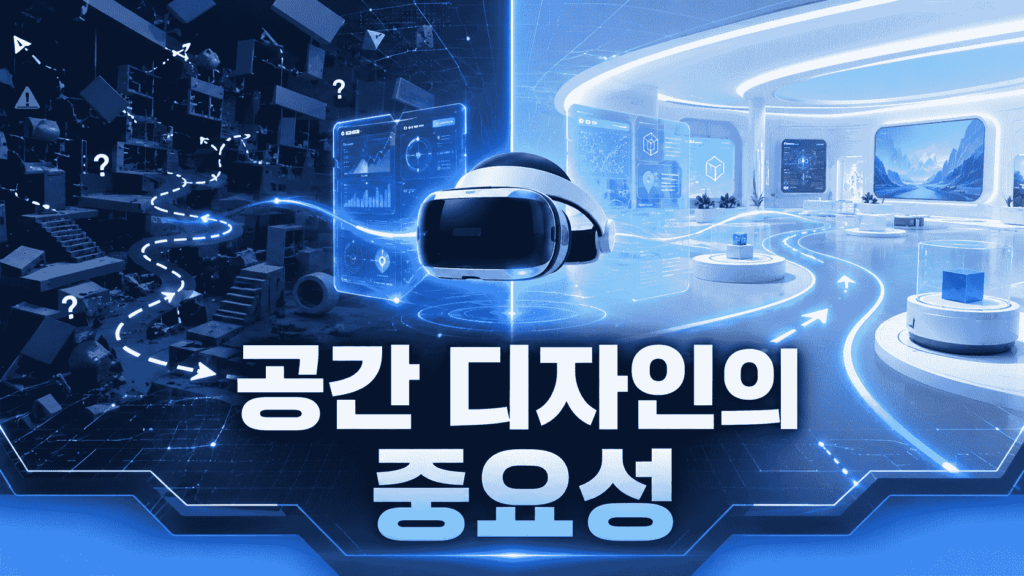 체계적인 공간 설계가 적용된 가상현실과 증강현실 환경을 비교 형태로 보여주는 미래형 콘텐츠 디자인 이미지