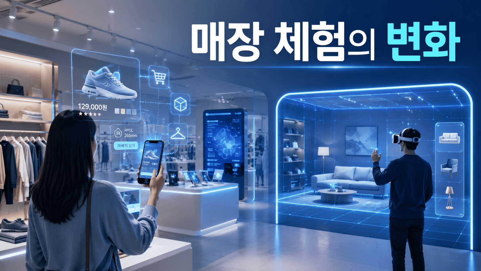 증강현실과 가상현실 기술이 적용된 미래형 매장 공간과 디지털 쇼핑 체험을 표현한 이미지