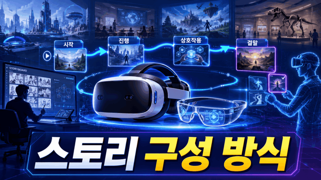 VR 헤드셋과 AR 스마트 글라스 주변에 스토리 흐름이 홀로그램으로 연결된 미래형 콘텐츠 제작 장면.