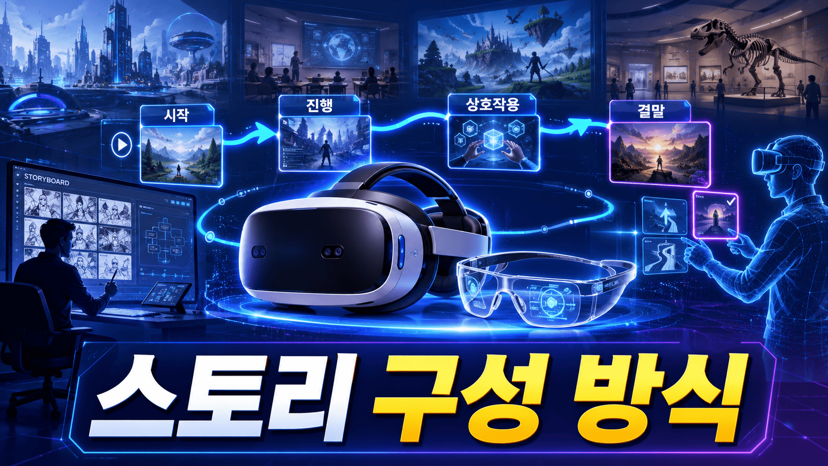 VR 헤드셋과 AR 스마트 글라스 주변에 스토리 흐름이 홀로그램으로 연결된 미래형 콘텐츠 제작 장면.