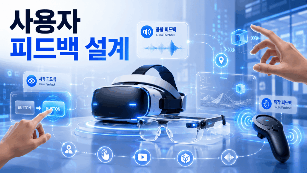 VR 헤드셋과 AR 스마트 글라스를 중심으로 시각·음향·촉각 반응이 연결된 사용자 피드백 구조를 표현한 미래형 XR 콘텐츠 이미지.