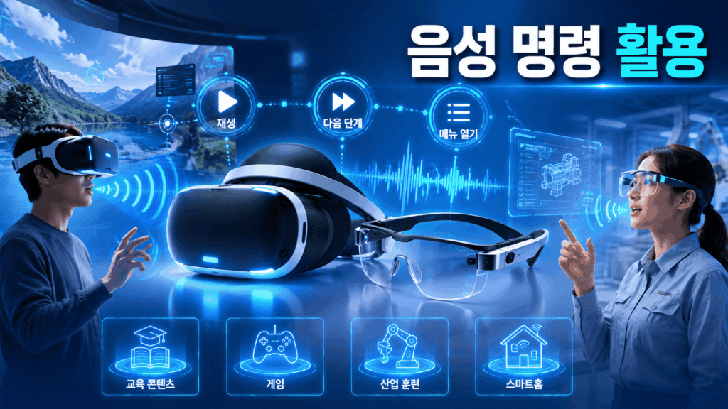 가상현실 헤드셋과 증강현실 스마트 글라스를 중심으로 음성 명령 기능이 적용된 미래형 콘텐츠 환경을 표현한 이미지.