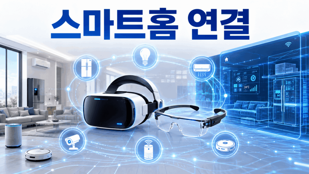 가상현실과 증강현실 기기가 스마트홈 가전 및 센서와 연결되는 모습을 표현한 미래형 스마트홈 이미지.