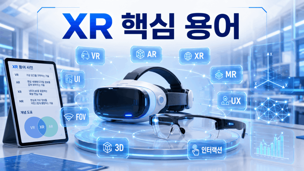 VR 헤드셋과 AR 스마트 글라스를 중심으로 XR 관련 핵심 용어들이 홀로그램 카드 형태로 배치된 미래 기술 가이드 이미지.