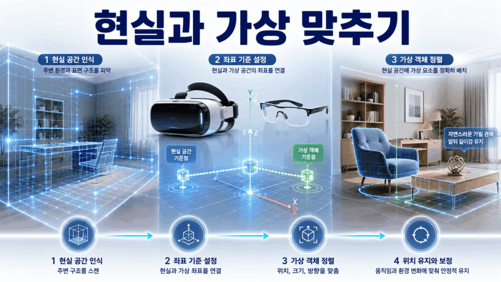 현실 공간의 3D 구조를 인식하고 좌표와 기준점을 이용해 가상 객체의 위치와 방향을 맞추는 과정을 표현한 이미지