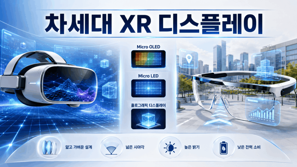 차세대 VR 헤드셋과 AR 스마트 글래스, Micro OLED와 Micro LED 기술을 비교형으로 표현한 미래 디스플레이 이미지