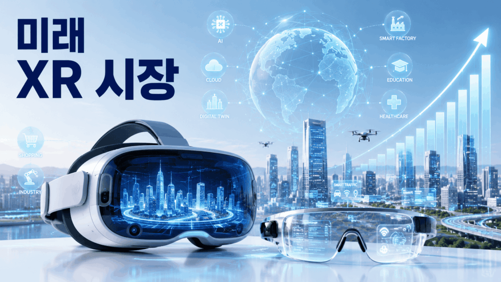 미래형 도시를 배경으로 VR 헤드셋과 AR 스마트 글래스, 글로벌 네트워크와 홀로그램 데이터가 표현된 가상현실과 증강현실 시장 이미지.