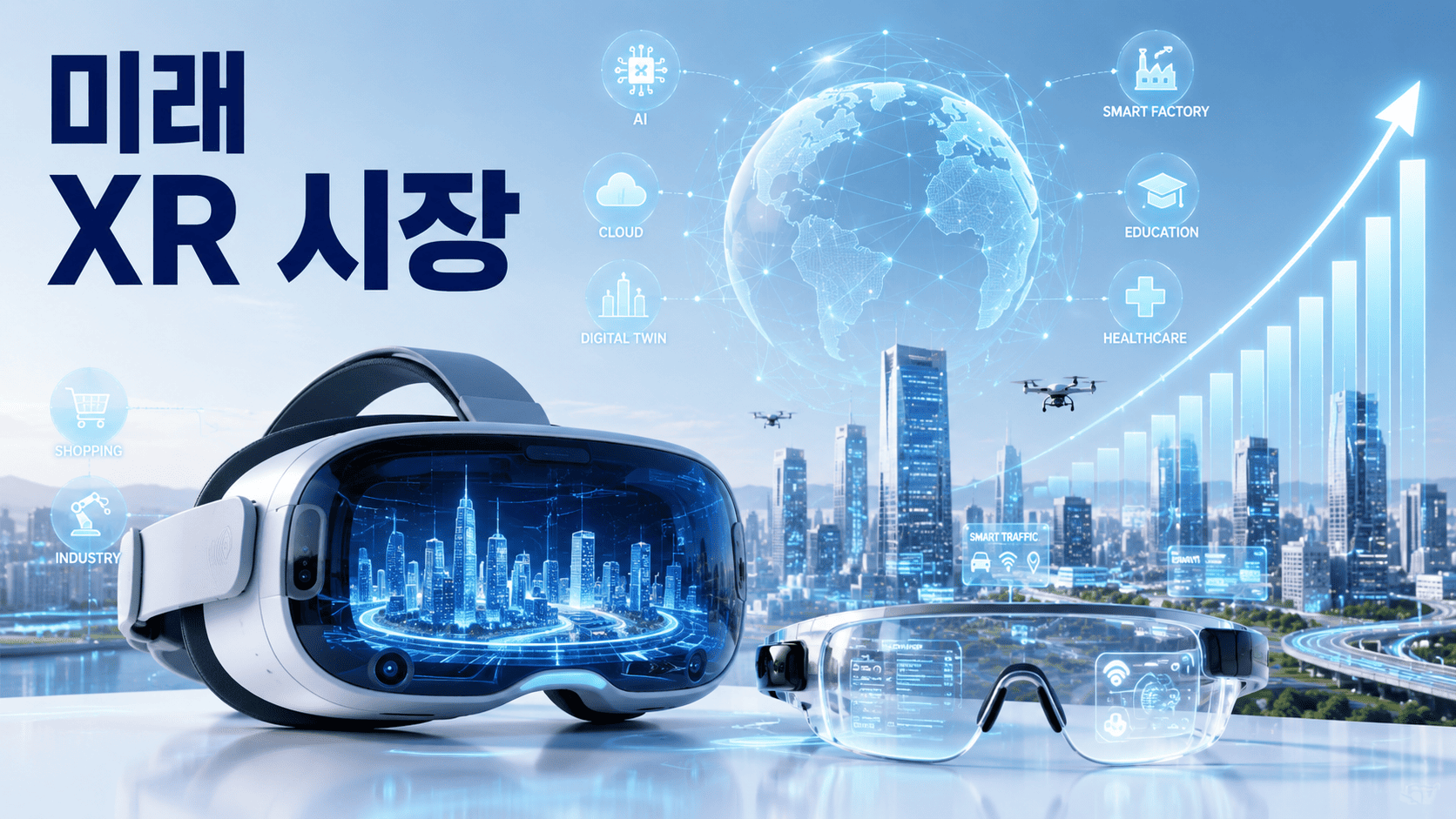 미래형 도시를 배경으로 VR 헤드셋과 AR 스마트 글래스, 글로벌 네트워크와 홀로그램 데이터가 표현된 가상현실과 증강현실 시장 이미지.
