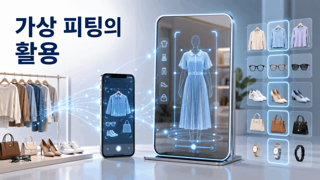 스마트폰과 AR 스마트 미러에 의류, 안경, 신발 등 가상 상품이 표시되어 가상 피팅의 생활 활용 방식을 보여주는 이미지