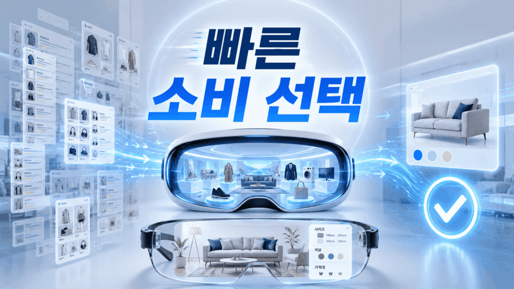 가상현실과 증강현실 기술을 활용해 다양한 상품을 비교하고 빠르게 선택하는 미래형 스마트 쇼핑 환경을 표현한 대표 이미지.