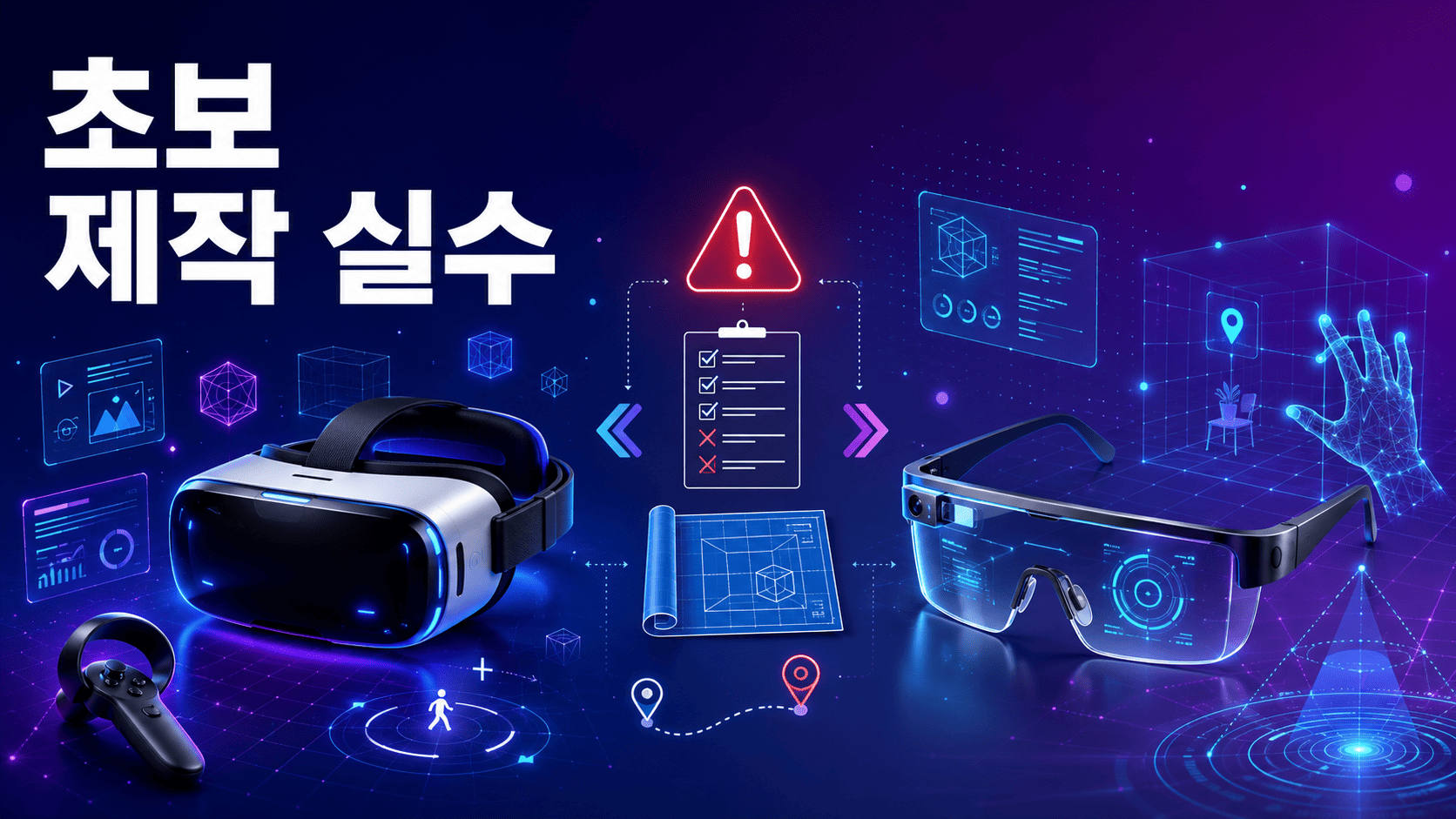 가상현실과 증강현실 콘텐츠 제작 시 초보자가 주의해야 할 요소를 VR 헤드셋과 AR 글래스로 표현한 대표 이미지.
