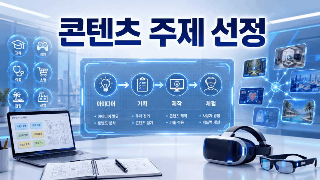 가상현실과 증강현실 콘텐츠 기획 과정을 홀로그램 인터페이스와 VR·AR 장비로 표현한 대표 이미지.