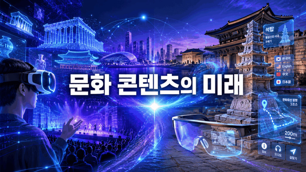 가상현실과 증강현실 기술이 박물관, 공연, 문화유산 체험과 결합된 미래 문화 콘텐츠를 표현한 대표 이미지.
