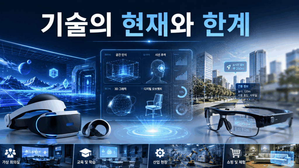 가상현실 헤드셋과 증강현실 인터페이스가 함께 표현된 미래형 디지털 환경 이미지