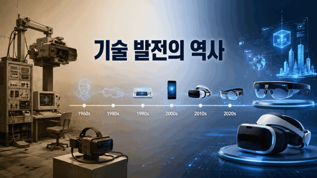 초기 VR 장비부터 최신 AR 글래스까지 가상현실과 증강현실 기술 장비의 발전 과정을 보여주는 이미지