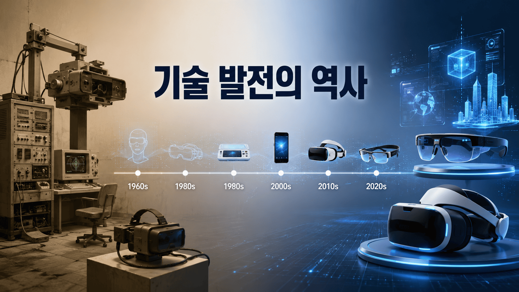 초기 VR 장비부터 최신 AR 글래스까지 가상현실과 증강현실 기술 장비의 발전 과정을 보여주는 이미지