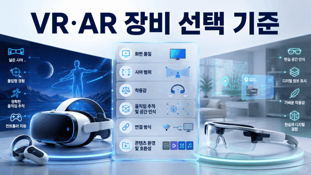 VR 헤드셋과 AR 글래스를 중심으로 화면 품질, 착용감, 움직임 추적, 연결 방식과 콘텐츠 환경 등 장비 선택 요소를 표현한 이미지