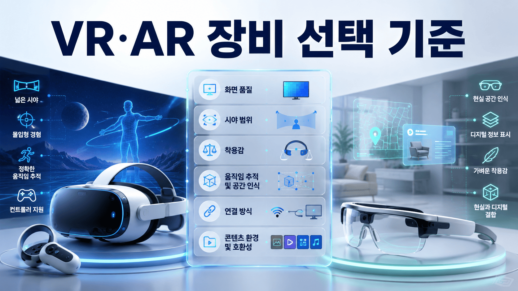 VR 헤드셋과 AR 글래스를 중심으로 화면 품질, 착용감, 움직임 추적, 연결 방식과 콘텐츠 환경 등 장비 선택 요소를 표현한 이미지