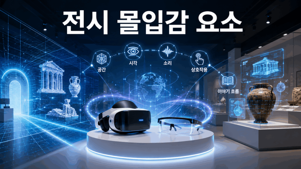 가상현실 헤드셋과 증강현실 글래스를 중심으로 공간, 시각, 소리, 상호작용이 연결된 미래형 디지털 전시관을 표현한 이미지