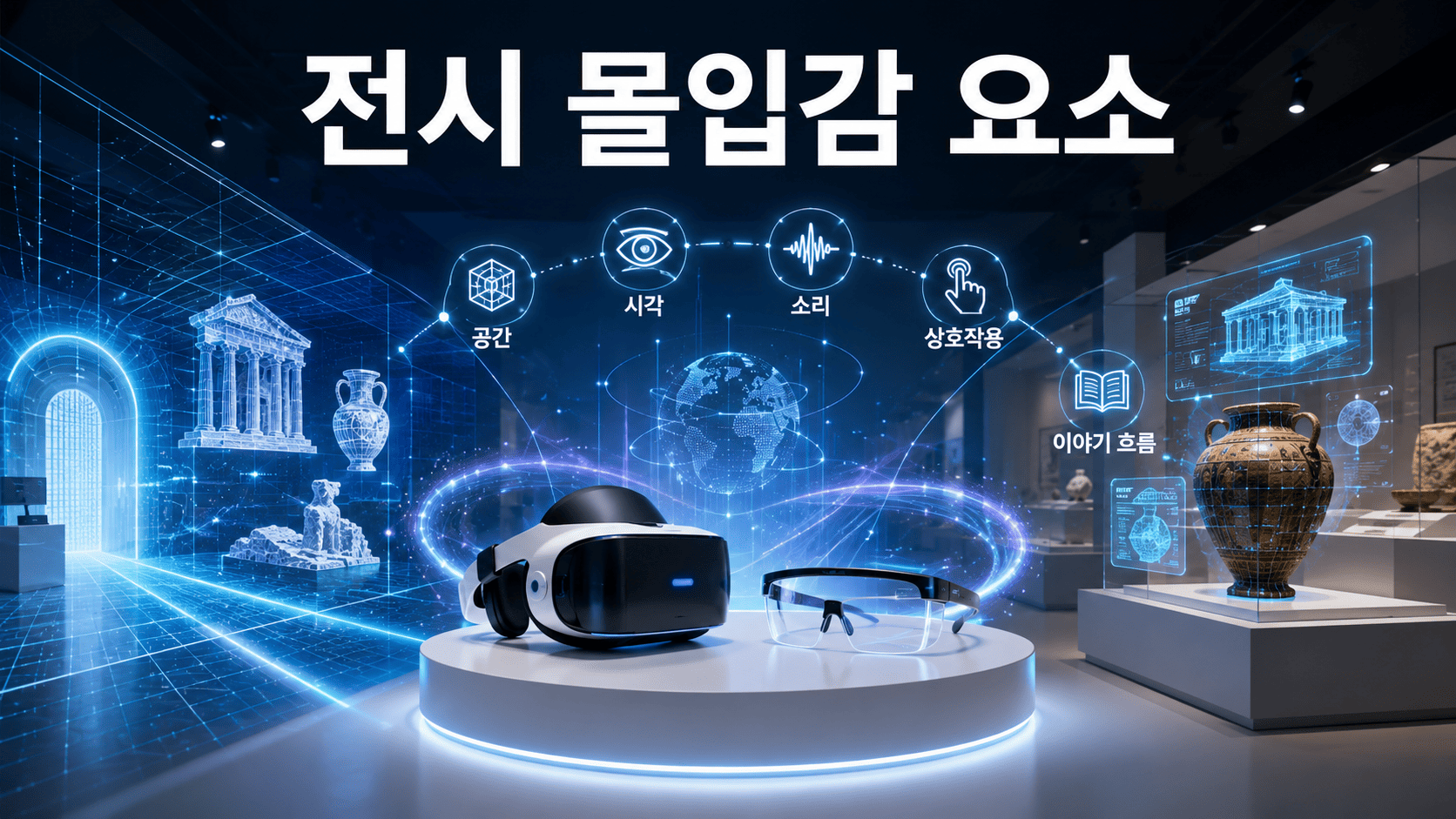 가상현실 헤드셋과 증강현실 글래스를 중심으로 공간, 시각, 소리, 상호작용이 연결된 미래형 디지털 전시관을 표현한 이미지