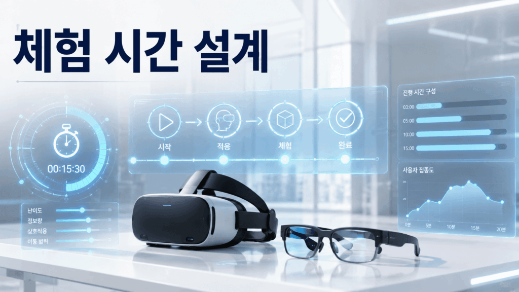 가상현실과 증강현실 콘텐츠의 체험 시간 설계 과정을 타임라인과 홀로그램 인터페이스로 표현한 대표 이미지.