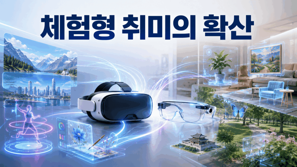 VR 헤드셋과 AR 글래스 주변에 가상 여행, 운동, 창작, 문화 체험을 상징하는 홀로그램 공간이 펼쳐진 체험형 취미 대표 이미지