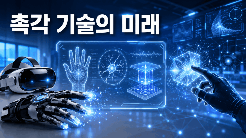 햅틱 장갑과 가상 물체를 통해 촉각 기술이 구현되는 미래형 VR·AR 환경을 표현한 이미지