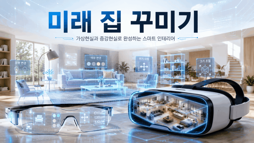현대적인 거실에서 AR 스마트 글래스와 VR 헤드셋을 활용해 3D 가구를 배치하며 미래형 집 꾸미기를 체험하는 모습을 표현한 대표 이미지.
