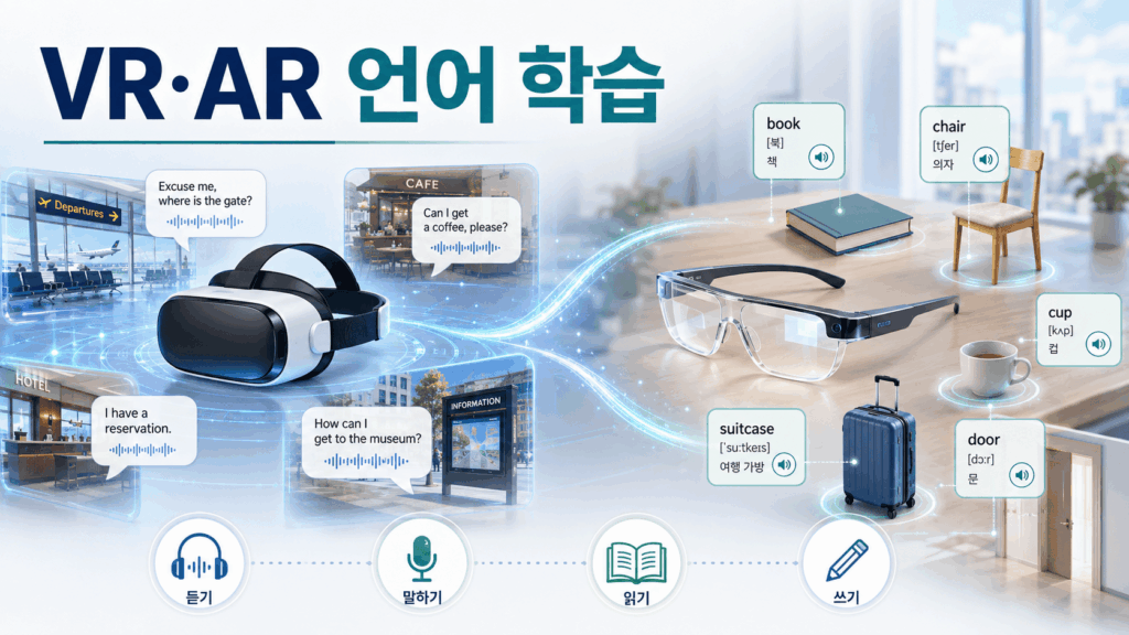 VR 헤드셋의 가상 회화 연습과 AR 글래스의 사물 단어 학습을 함께 표현한 언어 교육 이미지