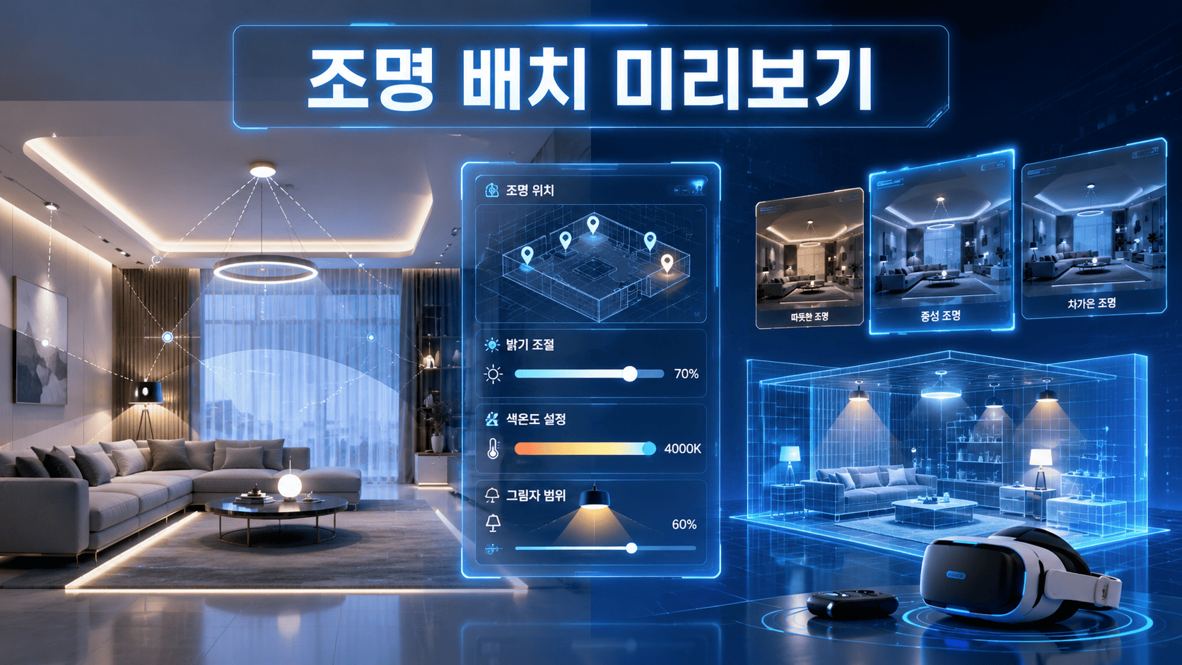 가상현실과 증강현실 기술을 활용해 거실 조명 위치와 밝기를 시뮬레이션하는 미래형 공간 설계 이미지