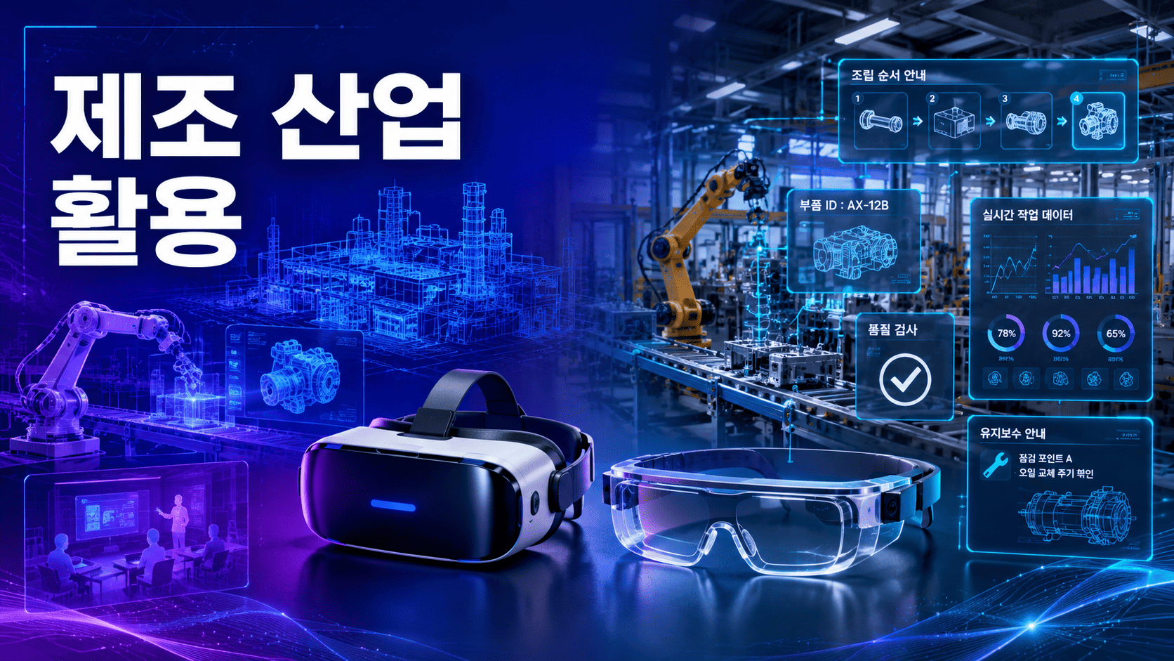 VR 헤드셋과 AR 스마트 글래스를 중심으로 스마트팩토리와 디지털 제조 기술을 표현한 대표 이미지.