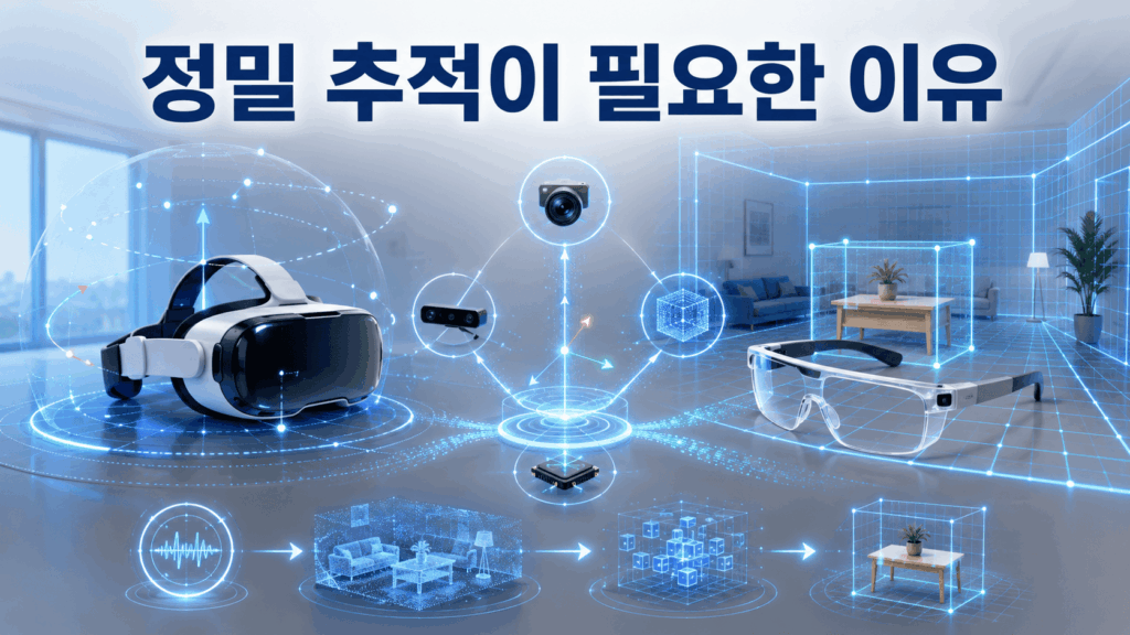 VR 헤드셋과 AR 글래스 주변에 움직임 추적 궤적과 공간 매핑 홀로그램이 표시된 정밀 추적 기술 이미지