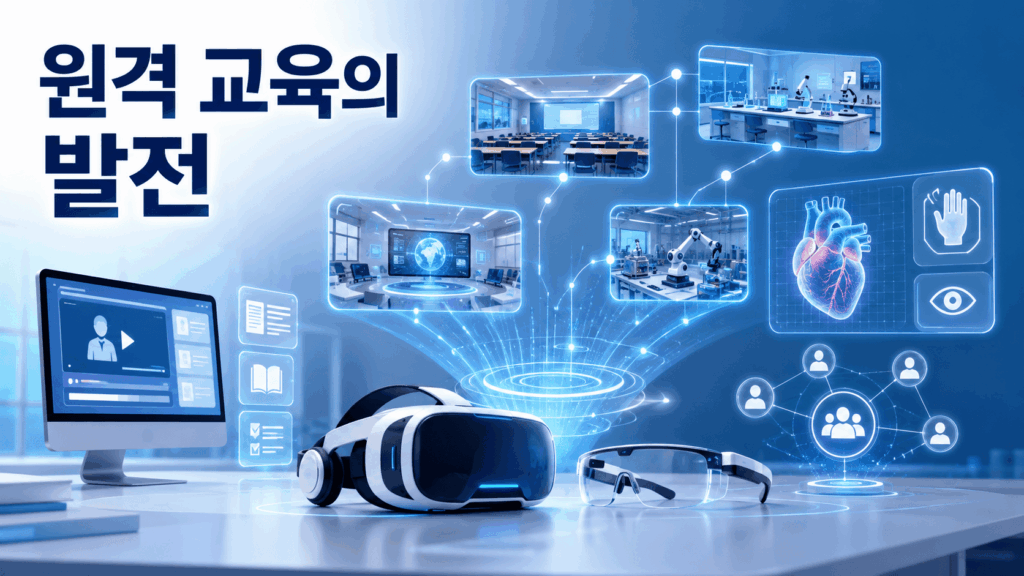 VR 헤드셋과 AR 글래스, 가상 교실과 원격 협업 공간을 통해 가상현실과 증강현실 기반 원격 교육의 발전을 표현한 이미지