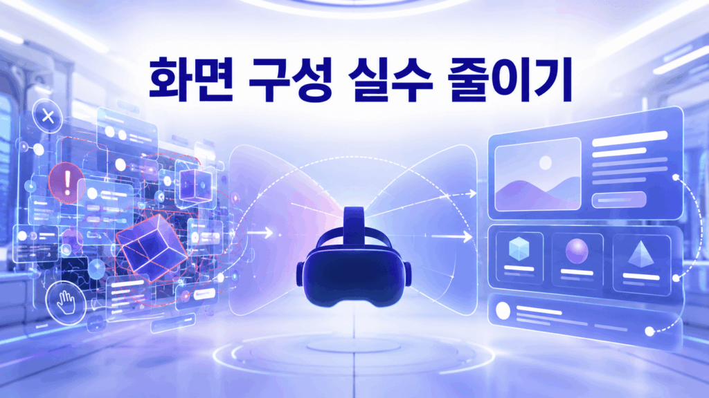 가상현실과 증강현실 콘텐츠 제작에서 복잡한 화면 구성이 사용자 시선과 정보 흐름을 고려한 깔끔한 화면으로 개선되는 모습을 표현한 이미지