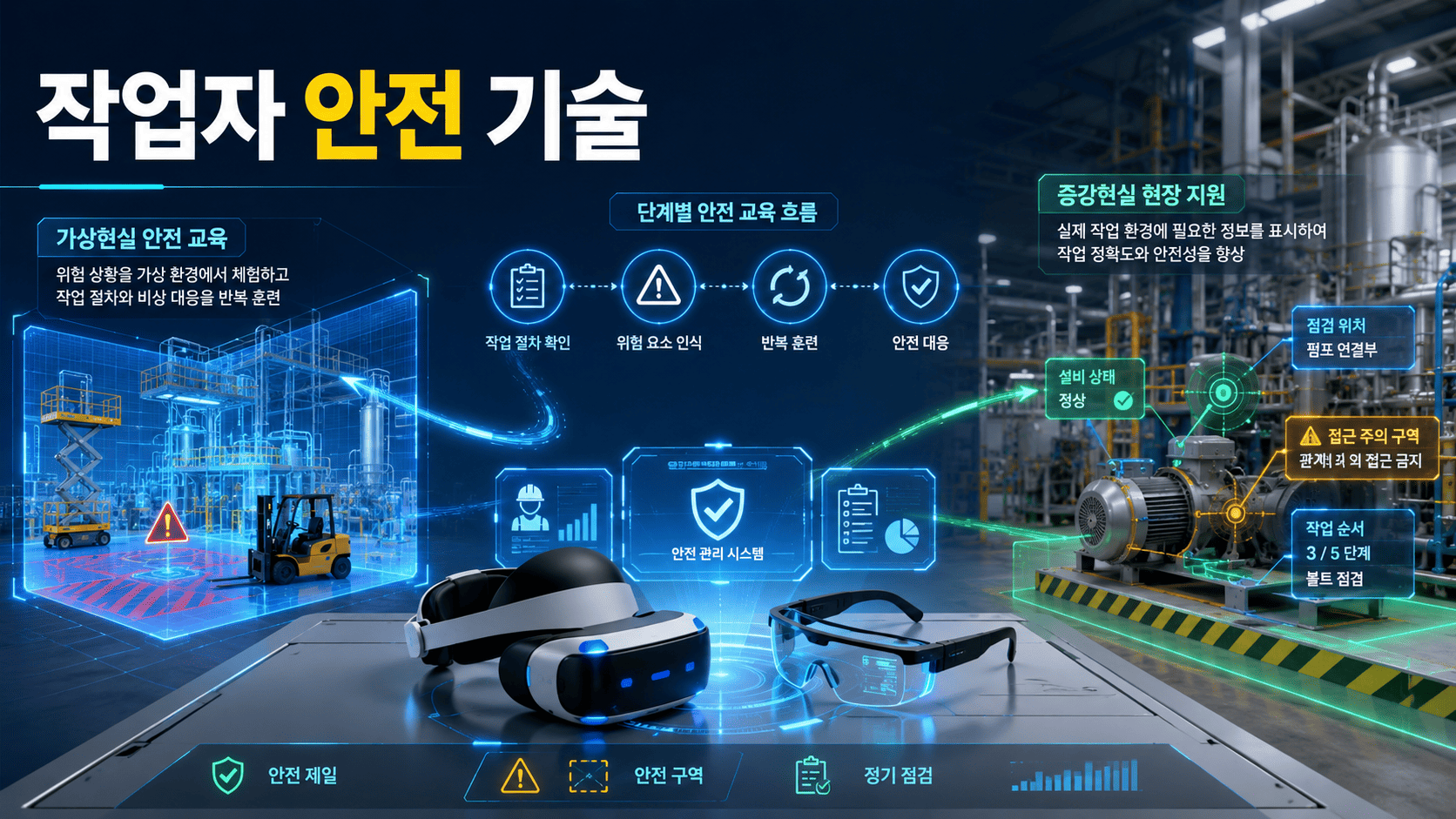 산업용 작업 테이블 위의 VR 헤드셋과 AR 글래스 주변에 가상 안전 교육 공간과 설비 점검 정보가 홀로그램으로 표시된 이미지