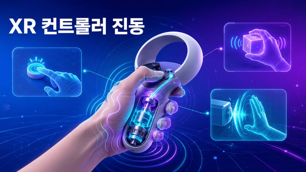가상현실과 증강현실 컨트롤러에서 발생한 진동이 사용자의 손에 촉각 피드백으로 전달되는 모습을 표현한 이미지