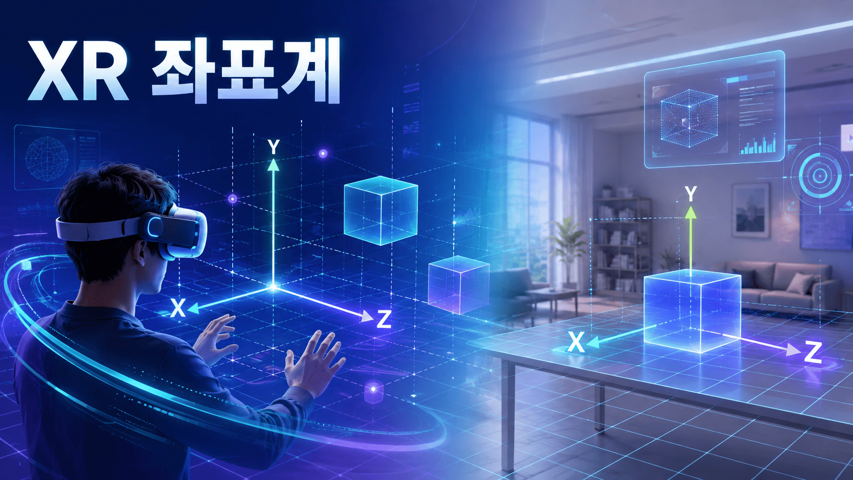 VR과 AR 공간에서 X·Y·Z 좌표축과 가상 객체를 이용해 공간 좌표계를 설명하는 미래형 기술 이미지.