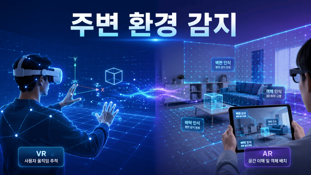 가상현실과 증강현실 기술의 주변 환경 감지 방식을 비교하여 보여주는 미래형 XR 일러스트.