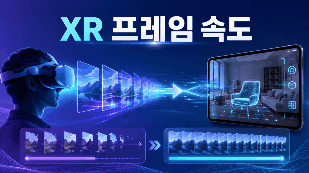 VR 헤드셋과 증강현실 화면의 연속 프레임을 통해 XR 기술에서 프레임 속도의 중요성을 표현한 이미지