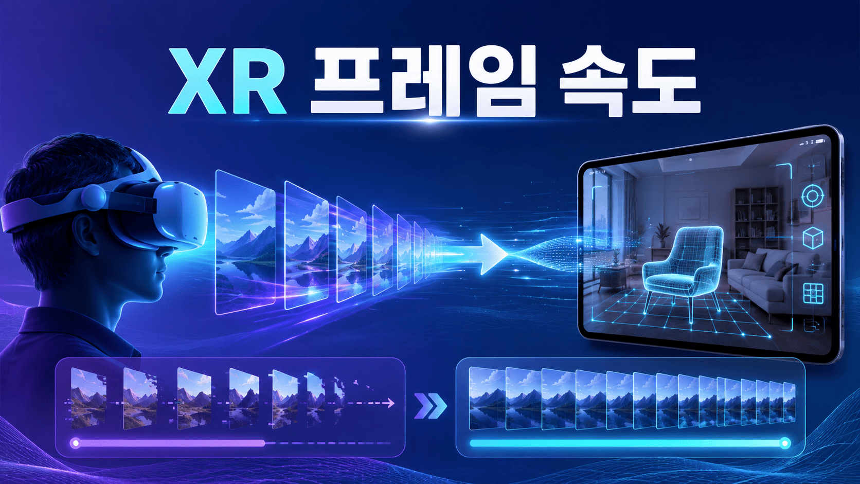 VR 헤드셋과 증강현실 화면의 연속 프레임을 통해 XR 기술에서 프레임 속도의 중요성을 표현한 이미지