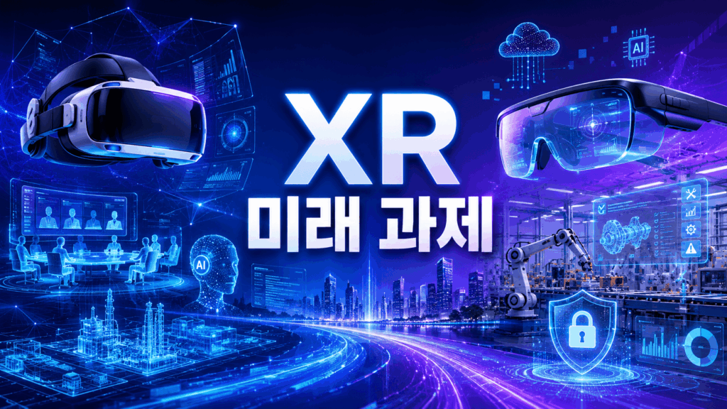 미래형 VR과 AR 기술, AI 인터페이스, 스마트 공장을 배경으로 기업의 XR 미래 전략을 표현한 대표 이미지.