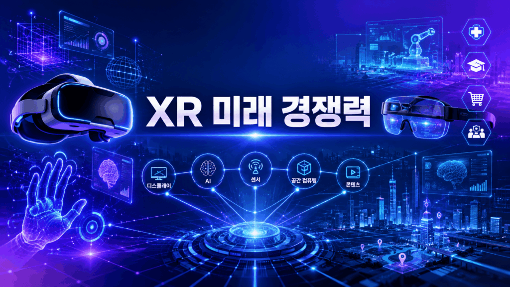 미래형 VR 헤드셋과 AR 스마트글래스가 디스플레이, AI, 공간 컴퓨팅 기술과 연결되어 XR 산업의 미래 경쟁력을 표현한 대표 이미지.