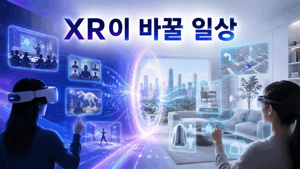VR 헤드셋과 AR 스마트 안경을 중심으로 교육, 쇼핑, 업무, 문화생활의 미래 변화를 표현한 이미지